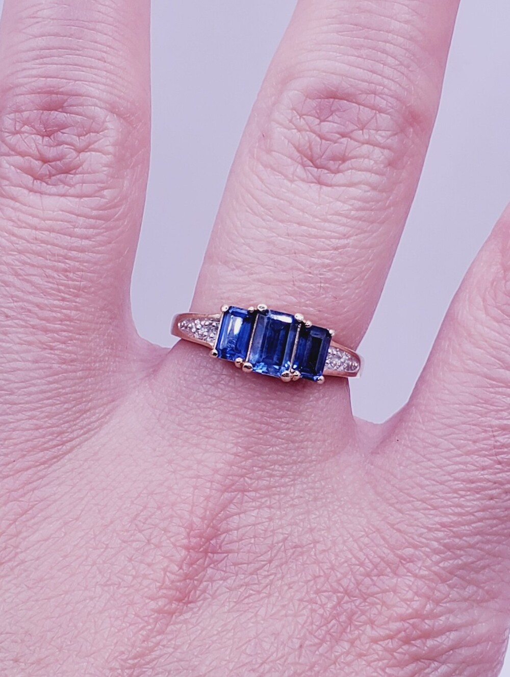 10k Solid Yellow Gold Ring with Three Blue Sapphire Radiant Cut Stones - Picture 4 of 11